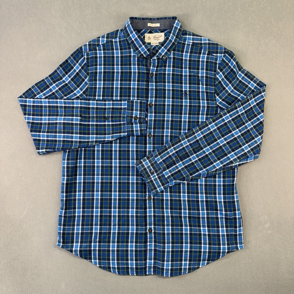 Men's Original Penguin Heritage Slim Fit Long Sleeve Button-Up Shirt Blue Sz‎ XL